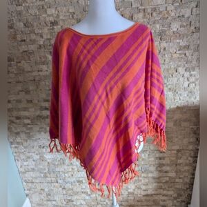 Koji Yohji Vintage Striped Pink and Orange Fringe Knit Poncho S/M Festival Boho